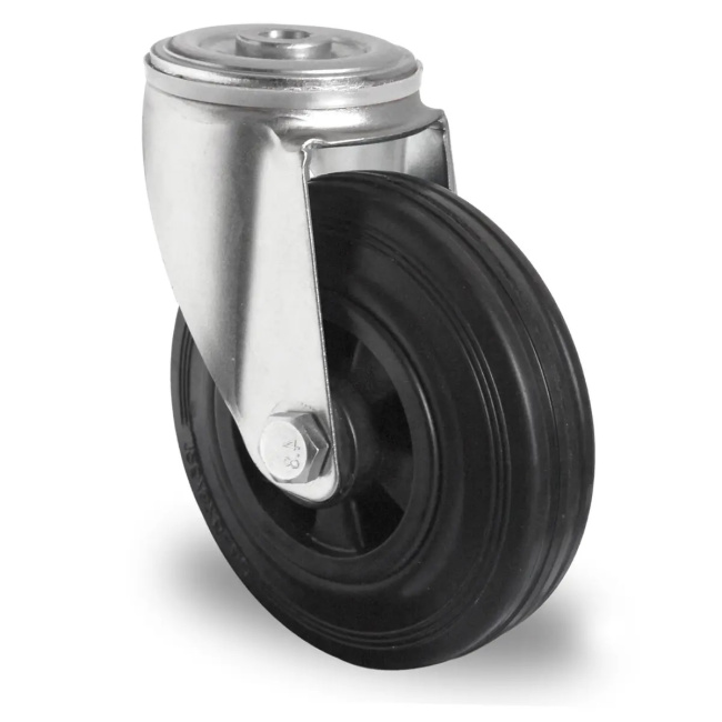 Vollgummi Lenkrolle mit Rückenloch 80 mm auf Polypropylen-Felge mit Rollenlager