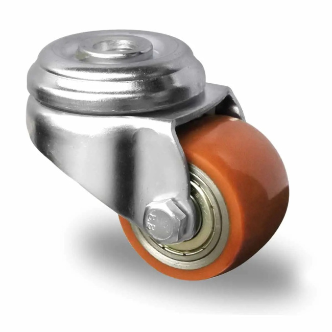 Polyurethan Lenkrolle mit Rückenloch 60 mm auf Stahl-Felge mit Doppelkugellager