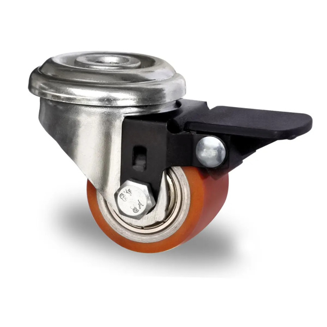 Polyurethan Lenkrolle mit Rückenloch mit Feststeller 35 mm auf Stahl-Felge mit Doppelkugellager