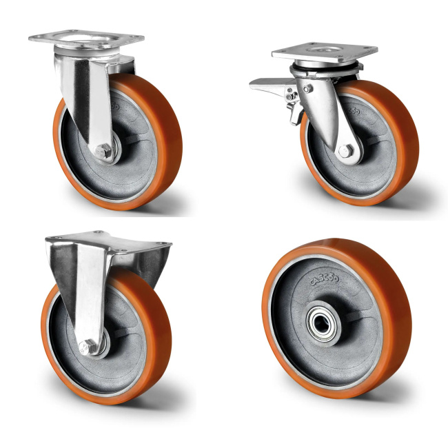 Polyurethan Schwerlast Lenkrolle Bockrolle Einbaurad auf Gusseisen-Felge verschiedene Größen