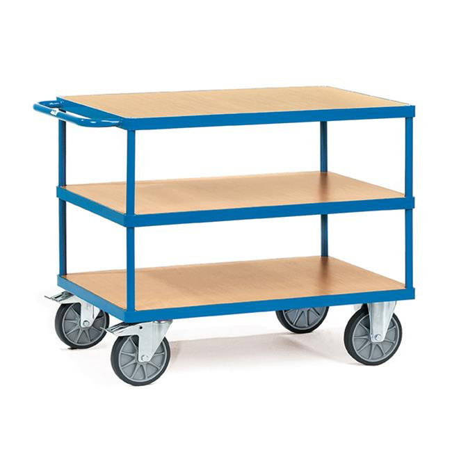 Fetra Tischwagen 600 kg LxB 1.200 x 800 mm, 3 Böden, Blau/Buchendekor