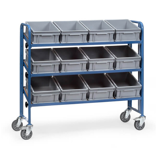 Fetra Montagewagen, 3 neigbare Böden LxB 1.240 x 415 mm, Tragkraft 250 kg, inkl. Eurokästen