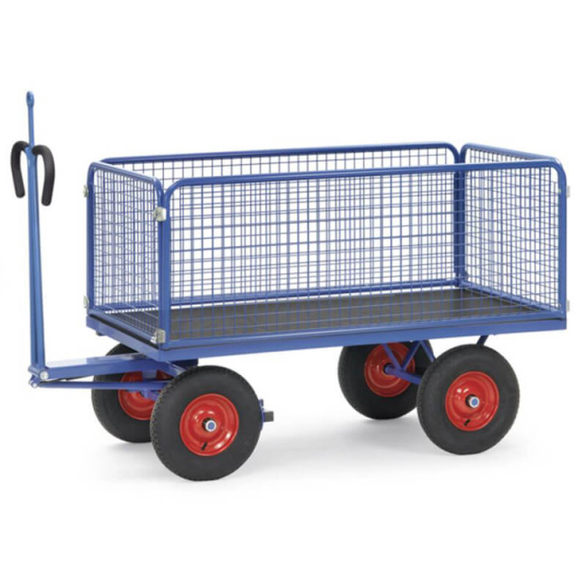 Fetra Handpritschenwagen 60 cm Gitterwände, Zugöse 1.000 kg LxB 1.600 x 900 mm Luftreifen