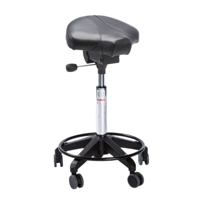 Rollhocker Sattelstuhl, 61-80 cm Sitzhöhe, Leder, Fußring, schwarz