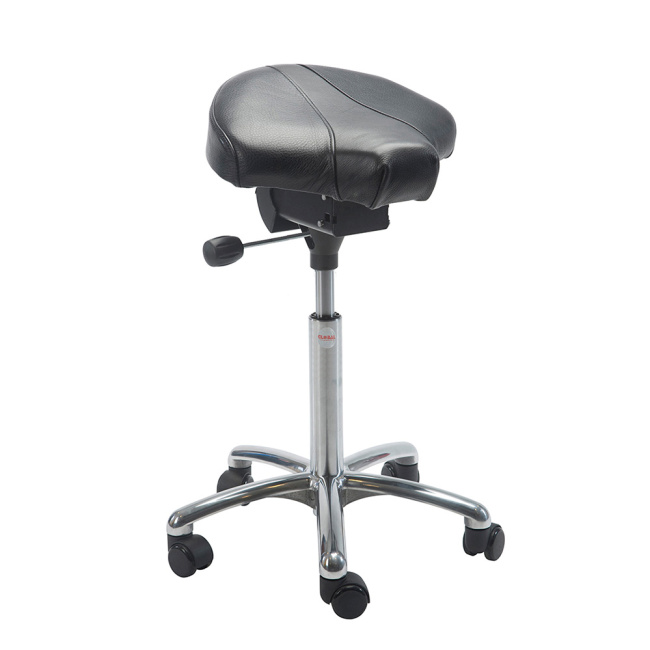 Rollhocker Sattelstuhl, 58-77 cm Sitzhöhe, Leder, Alu-Fußkreuz, schwarz