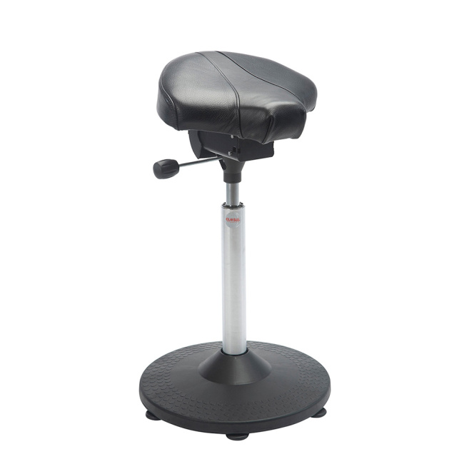 Arbeitshocker Sattelstuhl, 62-88 cm Sitzhöhe, Leder, Trompetenfuß, schwarz