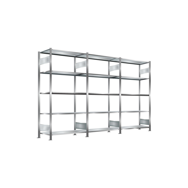Steckregal, verzinkt, Breite 3 m, Höhe 2 m, Tiefe 0,6 m, 5 Böden, Fachlast 150 kg, beidseitig