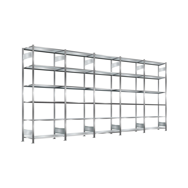 Steckregal, verzinkt, Breite 5 m, Höhe 2,5 m, Tiefe 0,6 m, 6 Böden, Fachlast 330 kg, beidseitig