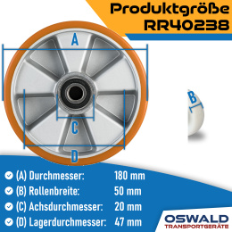 Hubwagen Rad Polyurethan 180 x 50/50 mm, Achse 20 mm inkl. Kugellager - Ersatzrad