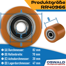 Hubwagenrolle Polyurethan braun 82 x 70 mm, Achse 20 mm inkl. Kugellager - Ersatzrolle