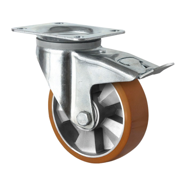 Schwerlastrolle Polyurethan Lenkrolle mit Feststeller 125 mm auf Aluminiumfelge