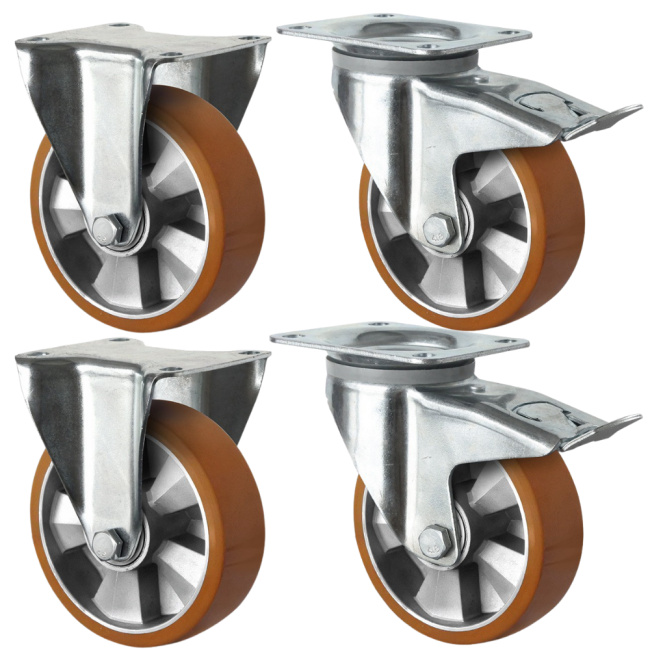 Schwerlastrollen 160 mm Set: 2 Bockrollen & 2 Lenkrollen mit Feststeller