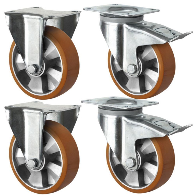 Schwerlastrollen 125 mm Set: 2 Bockrollen & 2 Lenkrollen mit Feststeller