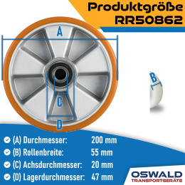 Hubwagen Rad Polyurethan 200 x 50/55 mm, Achse 25 mm inkl. Kugellager - Ersatzrad