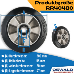 Hubwagen Rad Gummi 200 x 50/55 mm, Achse 20 mm inkl. Kugellager - Ersatzrad