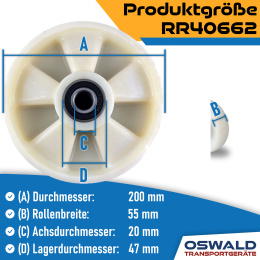 Hubwagen Rad Polyamid Nylon 200 x 50/55 mm, Achse 20 mm inkl. Kugellager - Ersatzrad