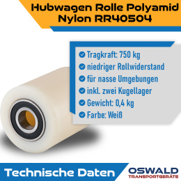 Hubwagen Rolle Polyamid Nylon 80 x 90 mm, Achse 12 mm inkl. Kugellager - Ersatzrolle