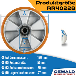 Hubwagen Rad Polyurethan 180 x 50/55 mm, Achse 25 mm inkl. Kugellager - Ersatzrad