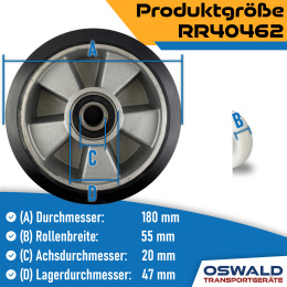 Hubwagen Rad Gummi 180 x 50/55 mm, Achse 20 mm inkl. Kugellager - Ersatzrad