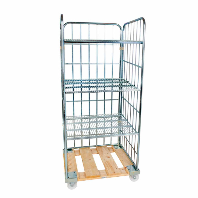Rollregal 3-seitig, 3 Zwischenböden 20° Neigung, Nutzhöhe 1.600 mm, Rollplatte aus Holz, 815 x 724 x 1.790 mm, 500 kg