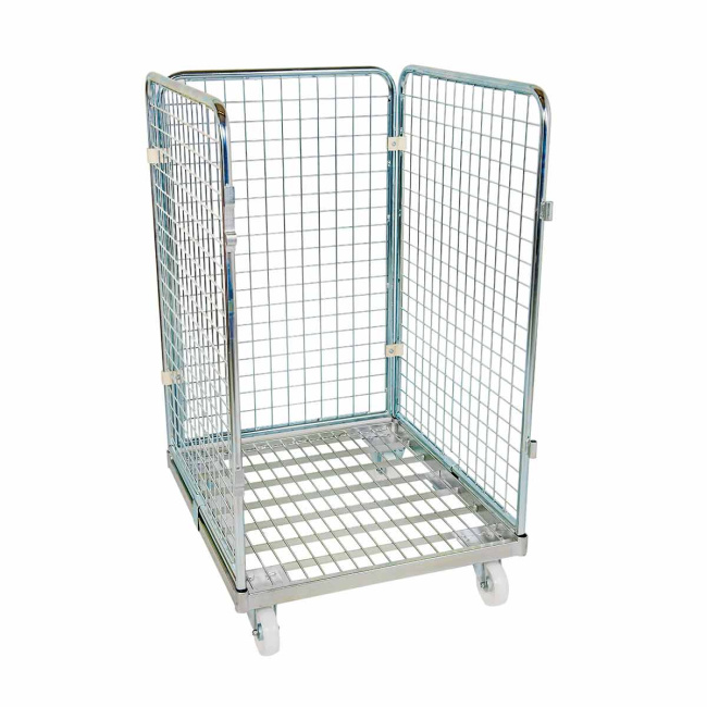 Rollbehälter niedrig, 3-seitig, Nutzhöhe 1.020 mm, Rollplatte aus Metall, 724 x 815 x 1.210 mm, 500 kg