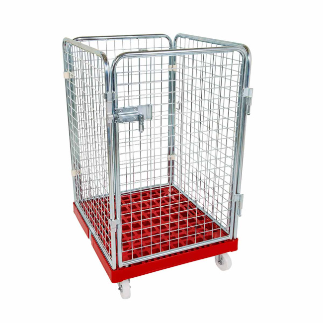 Rollbehälter niedrig, 4-seitig, Diebstahlschutz, Rollplatte aus Kunststoff, 724 x 815 x 1.210 mm, 500 kg, Nutzhöhe 1.020 mm, Feuerrot