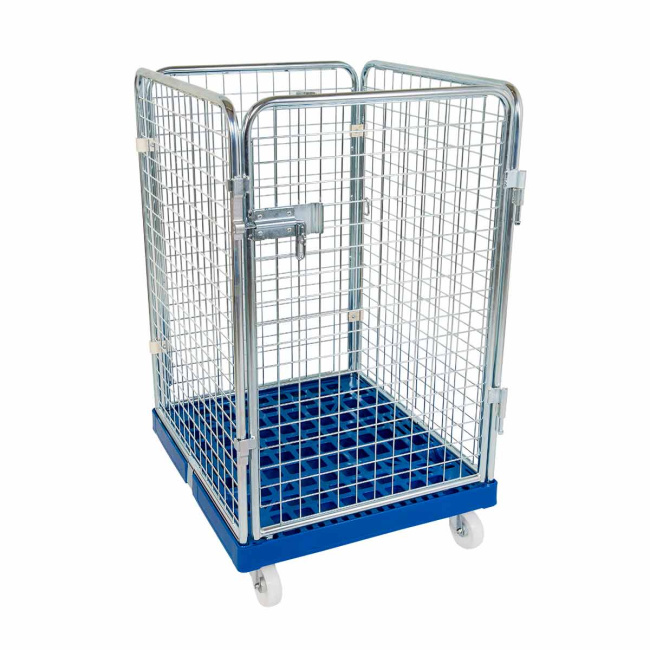 Rollbehälter niedrig, 4-seitig, Diebstahlschutz, Rollplatte aus Kunststoff, 724 x 815 x 1.210 mm, 500 kg, Nutzhöhe 1.020 mm, Schwarz