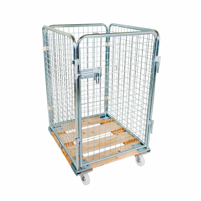 Rollbehälter niedrig, 4-seitig, Diebstahlschutz, Nutzhöhe 1.020 mm, Rollplatte aus Holz, 724 x 815 x 1.210 mm, 500 kg