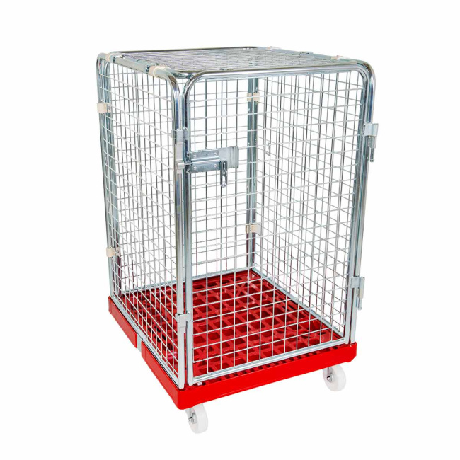 Rollbehälter niedrig, 5-seitig, Diebstahlschutz, Rollplatte aus Kunststoff, 724 x 815 x 1.220 mm, 500 kg, Nutzhöhe 995 mm, Feuerrot