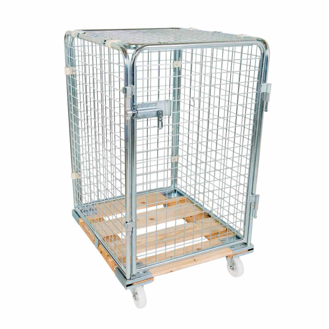 Rollbehälter niedrig, 5-seitig, Diebstahlschutz, Nutzhöhe 995 mm, Rollplatte aus Holz, 724 x 815 x 1.220 mm, 500 kg