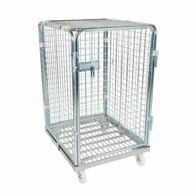Rollbehälter niedrig, 5-seitig, Diebstahlschutz, Nutzhöhe 995 mm, Rollplatte aus Metall, 724 x 815 x 1.220 mm, 500 kg