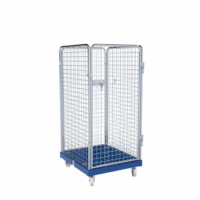 Rollbehälter mittel, 4-seitig, Diebstahlschutz, Rollplatte aus Kunststoff, 724 x 815 x 1.540 mm, 500 kg, Nutzhöhe 1.350 mm, Enzianblau