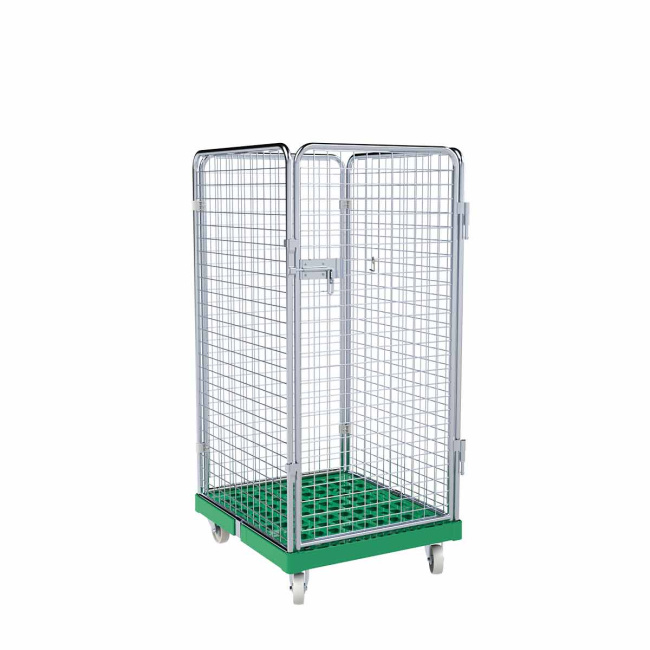 Rollbehälter mittel, 4-seitig, Diebstahlschutz, Rollplatte aus Kunststoff, 724 x 815 x 1.540 mm, 500 kg, Nutzhöhe 1.350 mm, Verkehrsgrün