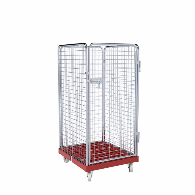 Rollbehälter mittel, 4-seitig, Diebstahlschutz, Rollplatte aus Kunststoff, 724 x 815 x 1.540 mm, 500 kg, Nutzhöhe 1.350 mm, Feuerrot
