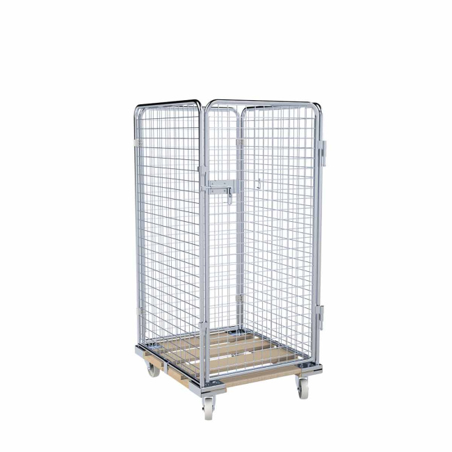 Rollbehälter mittel, 4-seitig, Diebstahlschutz, Nutzhöhe 1.350 mm, Rollplatte aus Holz, 724 x 815 x 1.540 mm, 500 kg