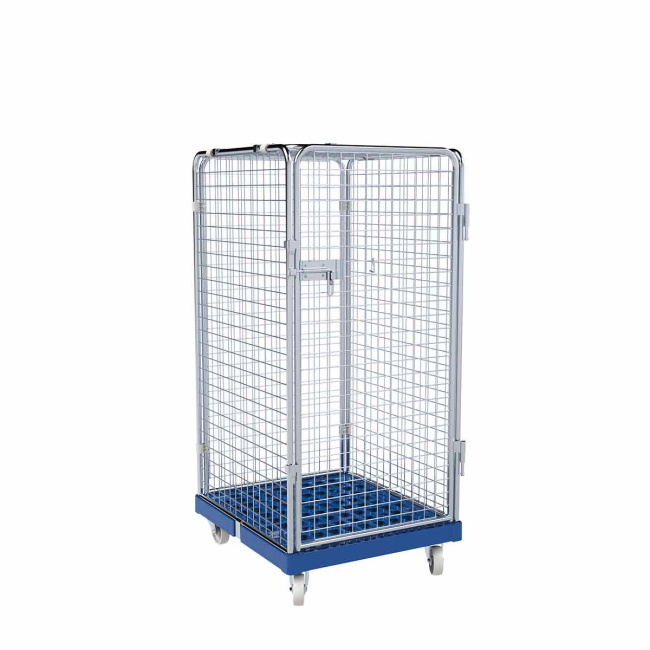 Rollbehälter mittel, 5-seitig, Diebstahlschutz, Rollplatte aus Kunststoff, 724 x 815 x 1.550 mm, 500 kg, Nutzhöhe 1.325 mm, Enzianblau