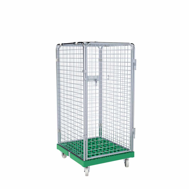 Rollbehälter mittel, 5-seitig, Diebstahlschutz, Rollplatte aus Kunststoff, 724 x 815 x 1.550 mm, 500 kg, Nutzhöhe 1.325 mm, Verkehrsgrün