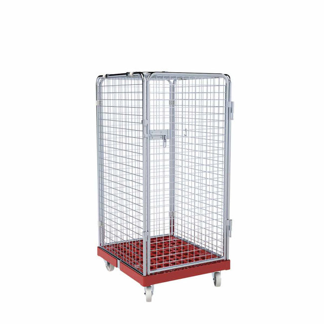 Rollbehälter mittel, 5-seitig, Diebstahlschutz, Rollplatte aus Kunststoff, 724 x 815 x 1.550 mm, 500 kg, Nutzhöhe 1.325 mm, Feuerrot