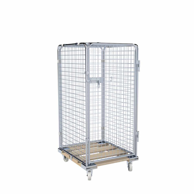 Rollbehälter mittel, 5-seitig, Diebstahlschutz, Nutzhöhe 1.325 mm, Rollplatte aus Holz, 724 x 815 x 1.550 mm, 500 kg