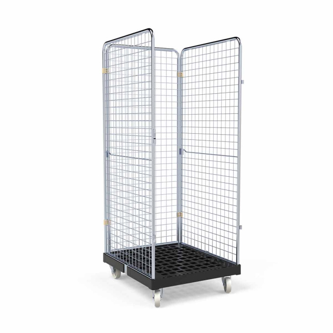 Rollbehälter hoch, 3-seitig, Rollplatte aus Kunststoff, 724 x 815 x 1.800 mm, 500 kg, Nutzhöhe 1.610 mm, Recycling Schwarz