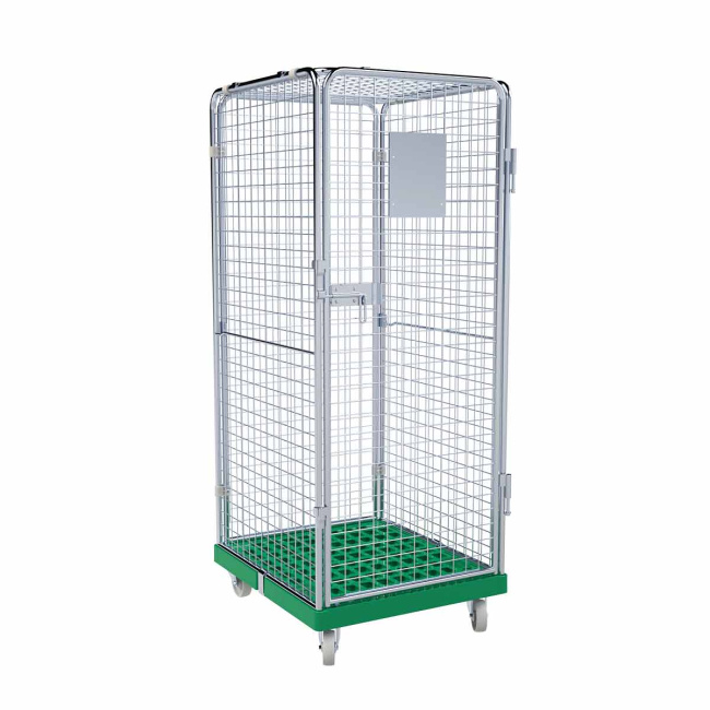 Rollbehälter hoch, 5-seitig, Diebstahlschutz, Rollplatte aus Kunststoff, 724 x 815 x 1.810 mm, 500 kg, Nutzhöhe 1.585 mm, Verkehrsgrün