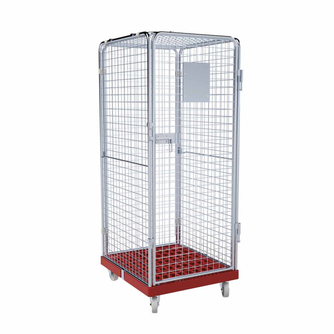 Rollbehälter hoch, 5-seitig, Diebstahlschutz, Rollplatte aus Kunststoff, 724 x 815 x 1.810 mm, 500 kg, Nutzhöhe 1.585 mm, Feuerrot