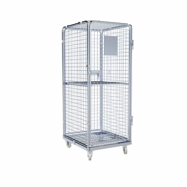 Rollbehälter Zwischenboden klappbar, 5-seitig, Diebstahlschutz, Nutzhöhe 1.585 mm, Rollplatte aus Metall, 724 x 815 x 1.810 mm, 500 kg