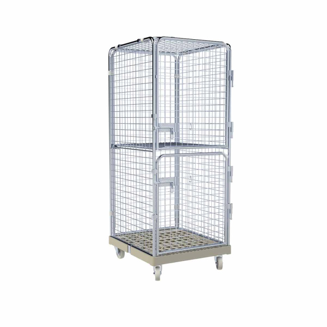 Rollbehälter Zwischenboden klappbar, 2 Türen, 5-seitig, Diebstahlschutz, Rollplatte aus Kunststoff, 724 x 815 x 1.810 mm, 500 kg, Nutzhöhe 1.585 mm, Kieselgrau