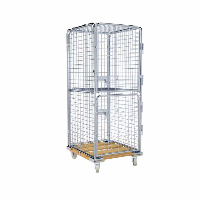 Rollbehälter Zwischenboden klappbar, 2 Türen, 5-seitig, Diebstahlschutz, Nutzhöhe 1.585 mm, Rollplatte aus Holz, 724 x 815 x 1.810 mm, 500 kg