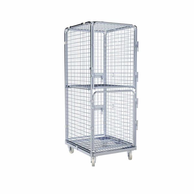 Rollbehälter Zwischenboden klappbar, 2 Türen, 5-seitig, Diebstahlschutz, Nutzhöhe 1.585 mm, Rollplatte aus Metall, 724 x 815 x 1.810 mm, 500 kg