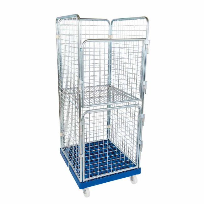 Sammelrollbehälter mit Zwischenboden, 4-seitig, Nutzhöhe 1.585 mm, Rollplatte aus Kunststoff, 724 x 815 x 1.800 mm, 500 kg, Verkehrsgrün