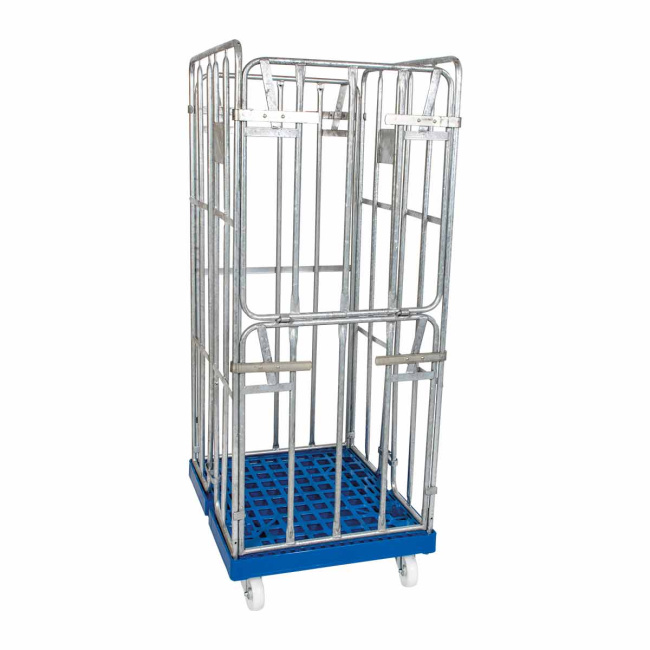 Rollbehälter Feuerverzinkt, 4-seitig, Vorderseite klappbar, Rollplatte aus Kunststoff, 682 x 815 x 1.685 mm, 500 kg, Nutzhöhe 1.495 mm, Enzianblau