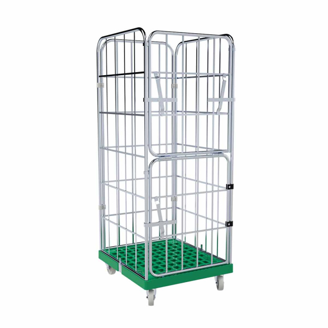 Rollbehälter FV, 4-seitig, 1 klappbare Vordertür, Rollplatte aus Kunststoff, 724 x 815 x 1.830 mm, 500 kg, Nutzhöhe 1.640 mm, Verkehrsgrün