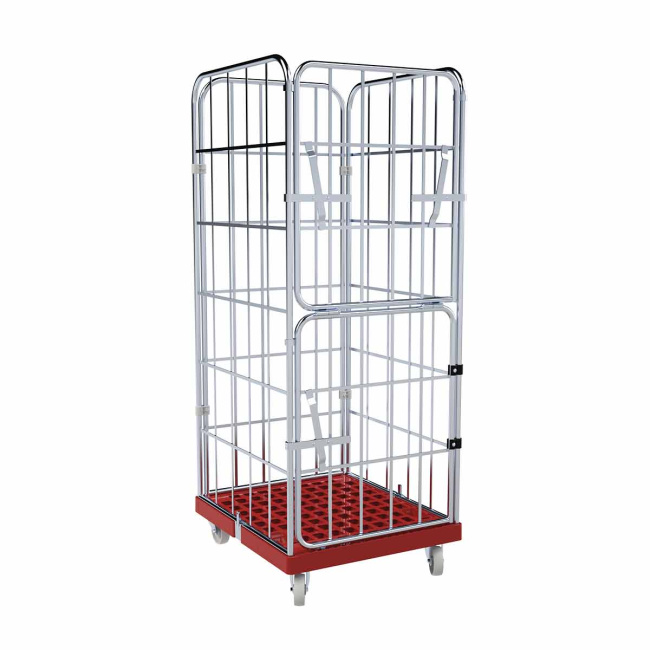 Rollbehälter FV, 4-seitig, 1 klappbare Vordertür, Rollplatte aus Kunststoff, 724 x 815 x 1.830 mm, 500 kg, Nutzhöhe 1.640 mm, Feuerrot